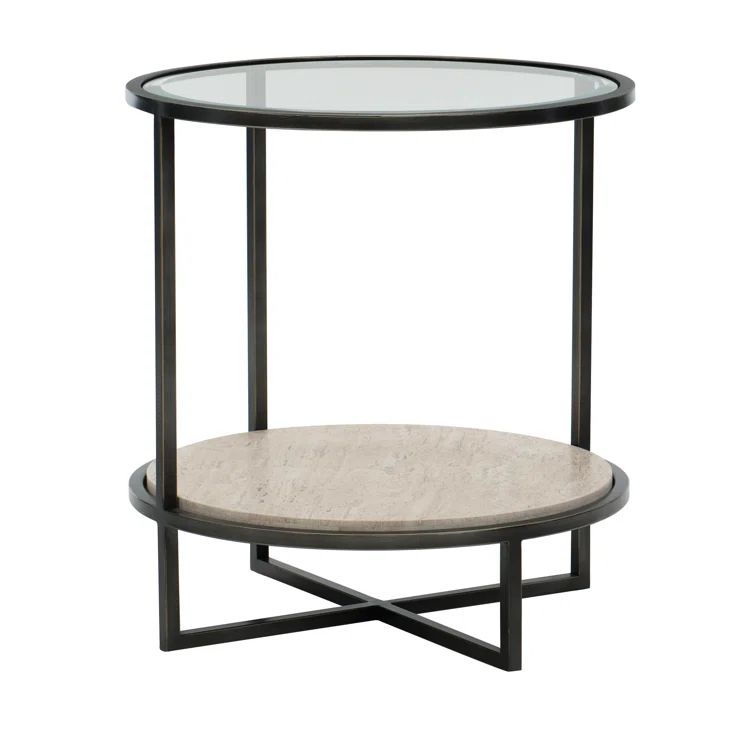 Harlow Transitional Chairside Table with Glass Top and Stone Shelf