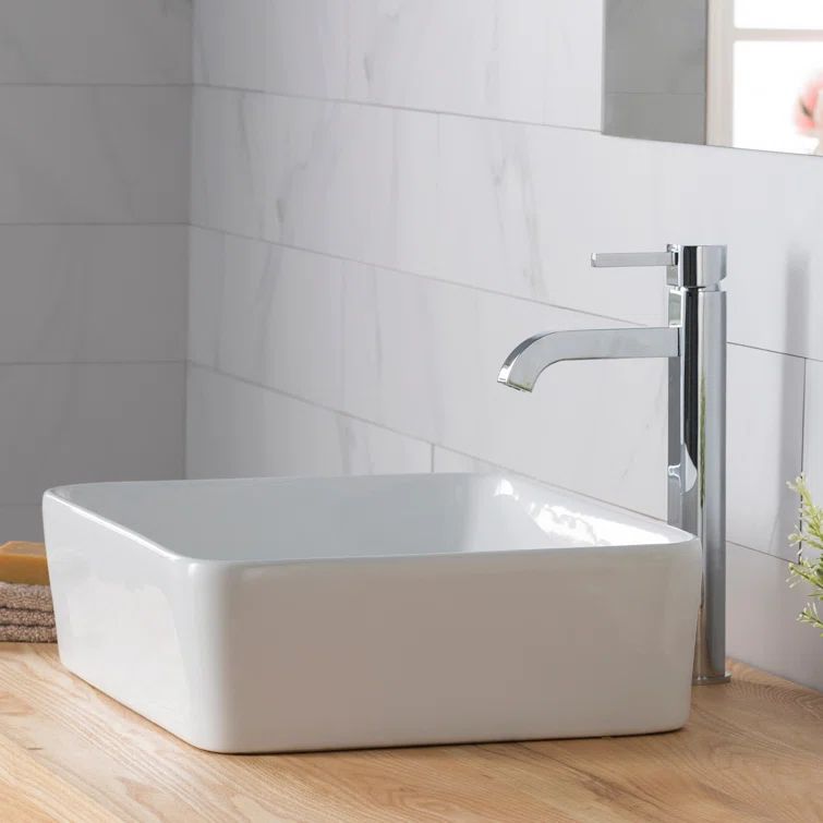 Modern White Ceramic Rectangular Vessel Sink with Chrome Faucet