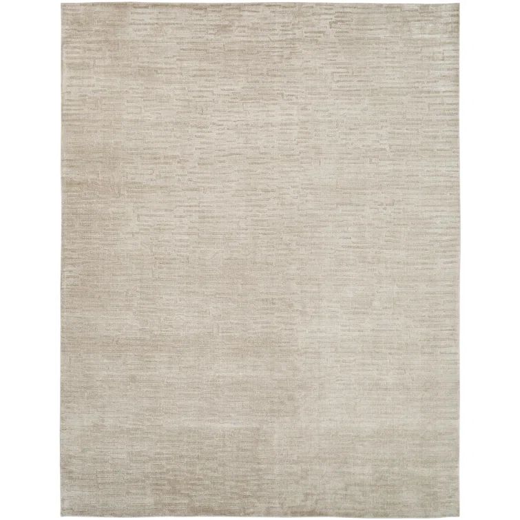 Hand-Hooked Beige Wool and Viscose Area Rug
