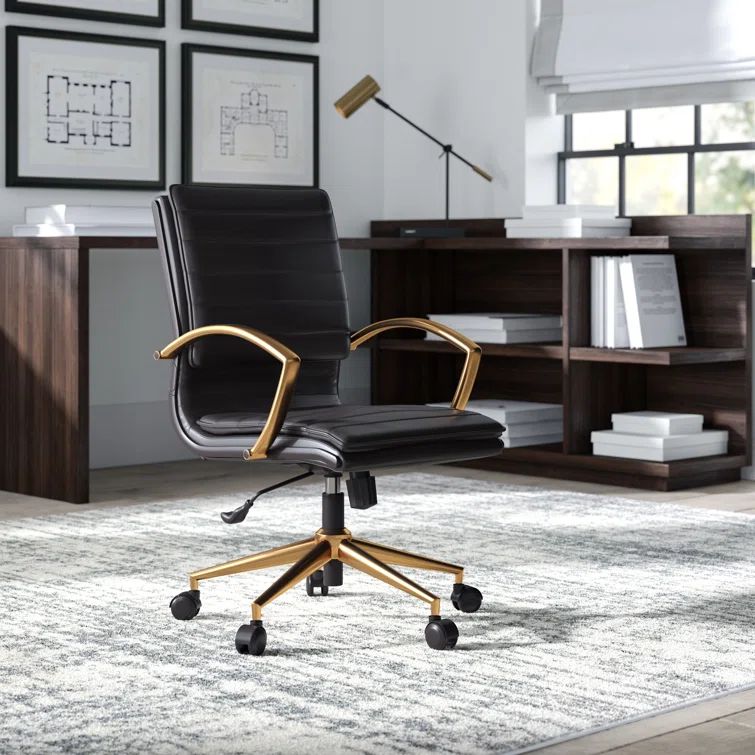 Luxurious Mid-Back Black Faux Leather Office Chair with Gold Accents