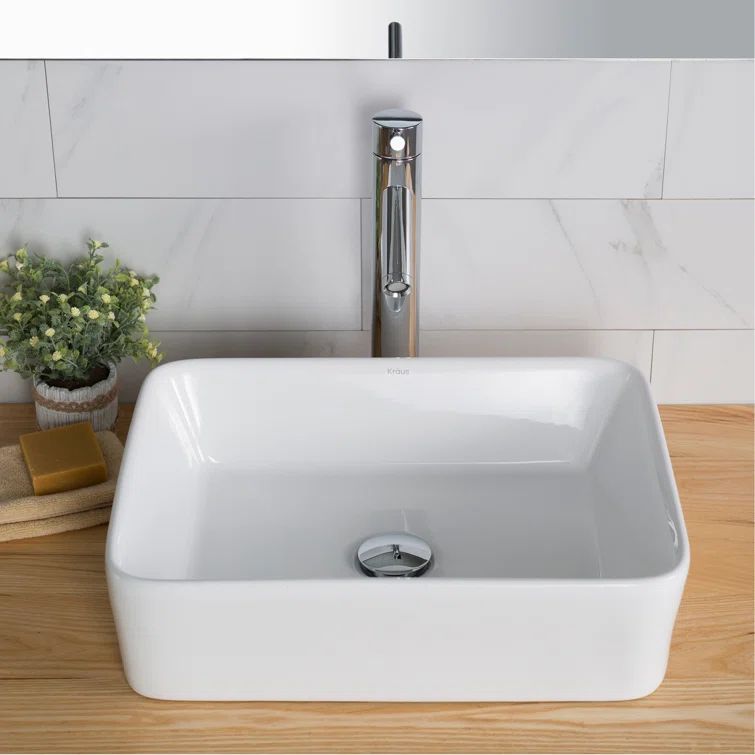 White Ceramic Rectangular Vessel Bathroom Sink