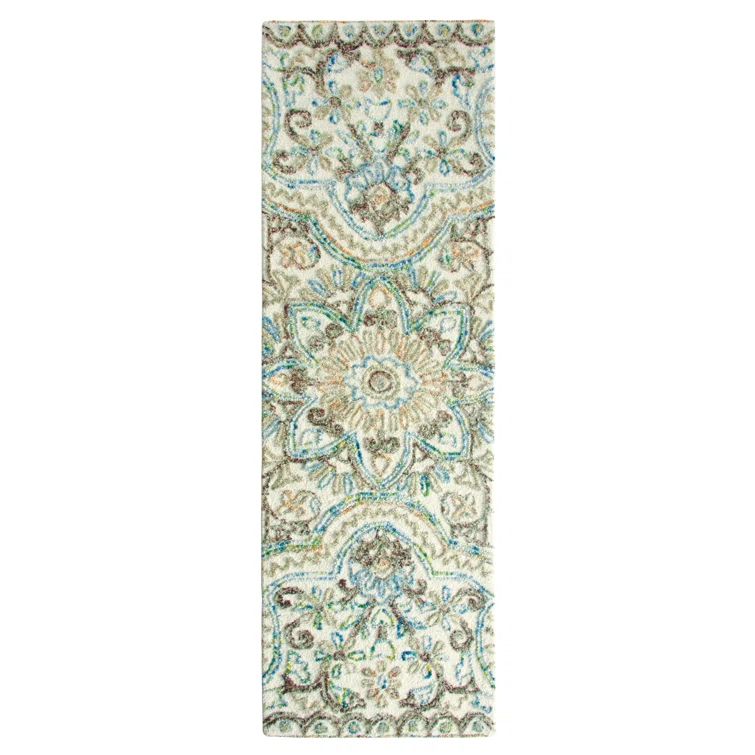 Ivory and Blue Hand-Tufted Wool Runner Rug
