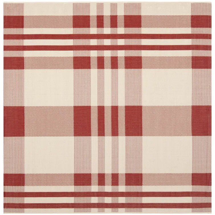 Red and Bone Plaid Synthetic Square Indoor/Outdoor Rug
