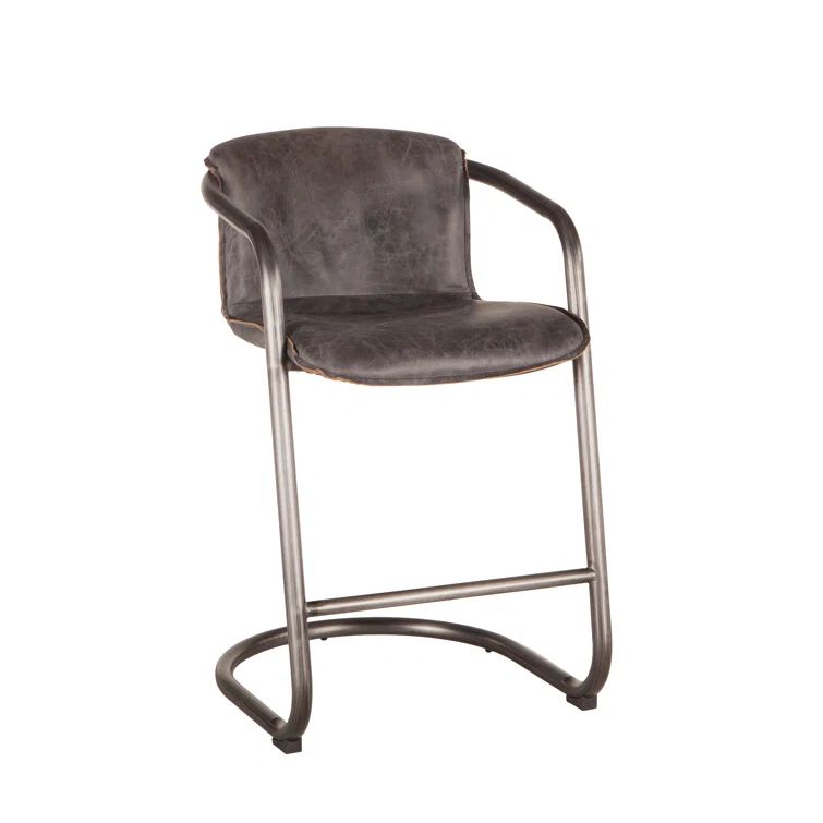 Antique Ebony Leather Bucket Seat Bar Stool with Brushed Nickel Steel Frame