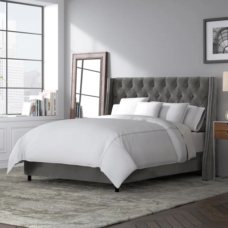 Full Gray Velvet Upholstered Wingback Bed with Nailhead Trim