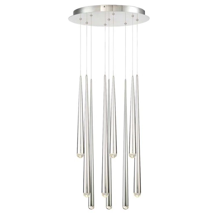 Cascade Polished Nickel 9-Light LED Cluster Pendant with Hand-Cut Crystal