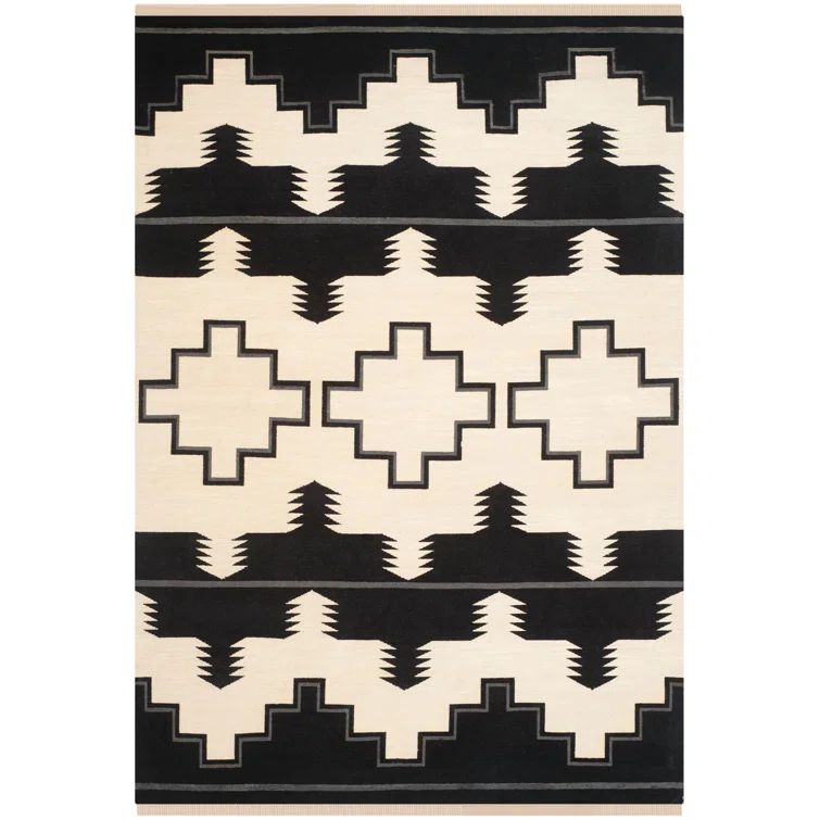 Hand-Knotted Black and Off-White Wool 10' x 14' Area Rug