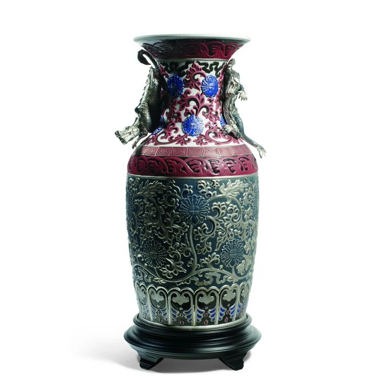 Glossy Blue Porcelain Table Vase with Metallic Luster