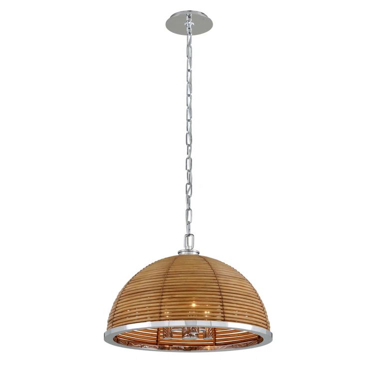 Natural Rattan and Stainless Steel 3-Light Chandelier