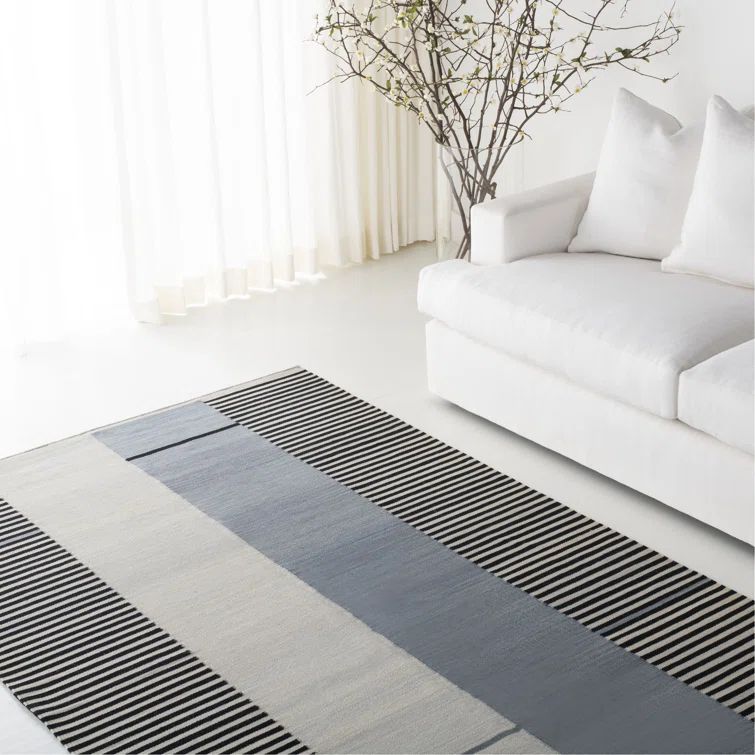 Slate and Beige Wool Stripe Flat Weave Rug, 4' x 6'