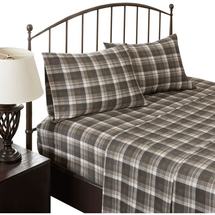 Queen Brown Plaid Cotton Flannel Sheet Set