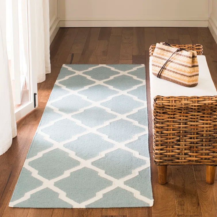 Handmade Light Blue/Ivory Wool Geometric Runner Rug 2'6" x 12'