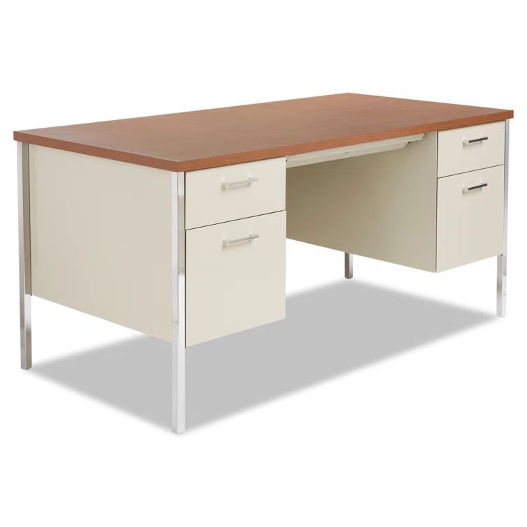 Executive Cherry-Putty Steel Desk with Locking File Drawer