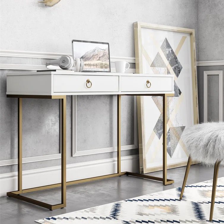Camila White 44" Modern Writing Desk with Gold Accents & Wireless Charging