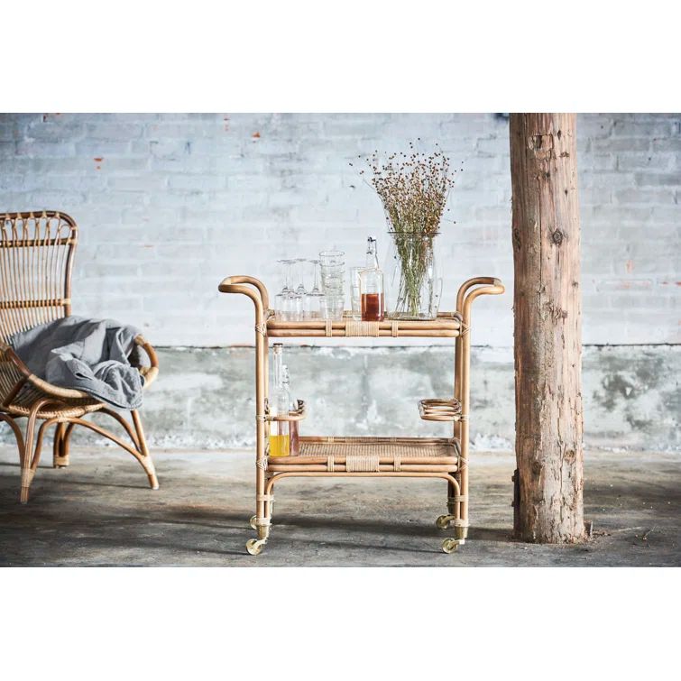 Antique Rattan Bar Cart with Wine Rack and Storage