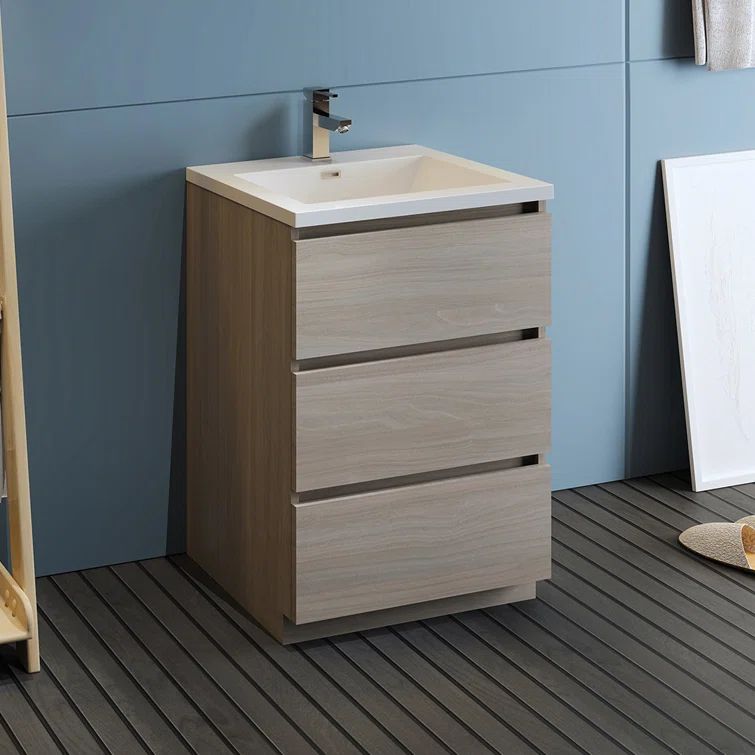 Gray Wood 24" Freestanding Bathroom Vanity with White Acrylic Top