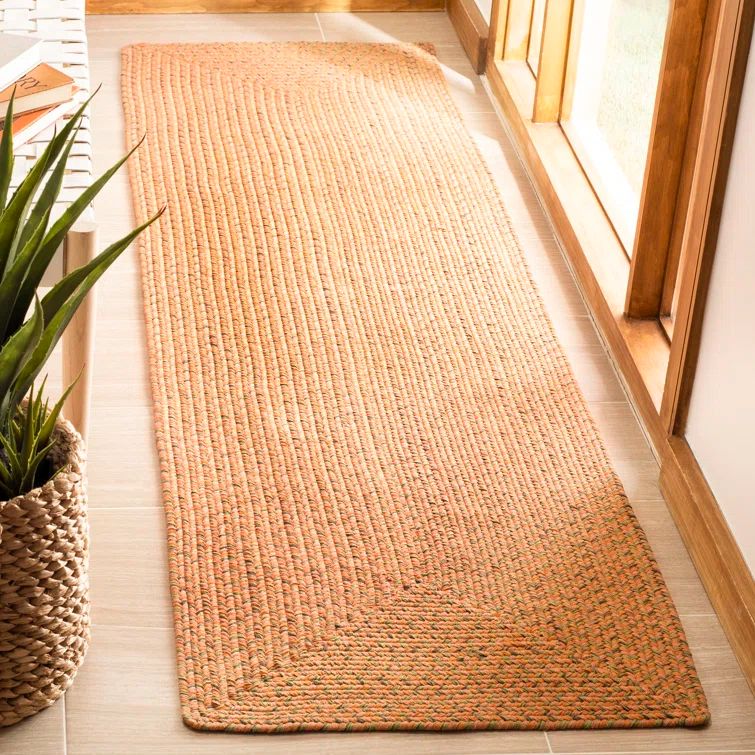 Handmade Red and Beige Braided Wool Cotton Runner Rug