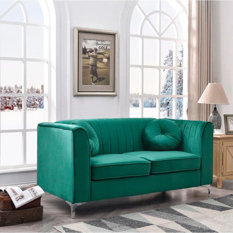Green Velvet Tufted Loveseat with Nailhead Trim