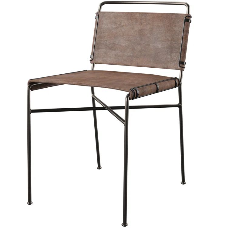Dark Brown Faux Leather Upholstered Side Chair with Black Iron Legs
