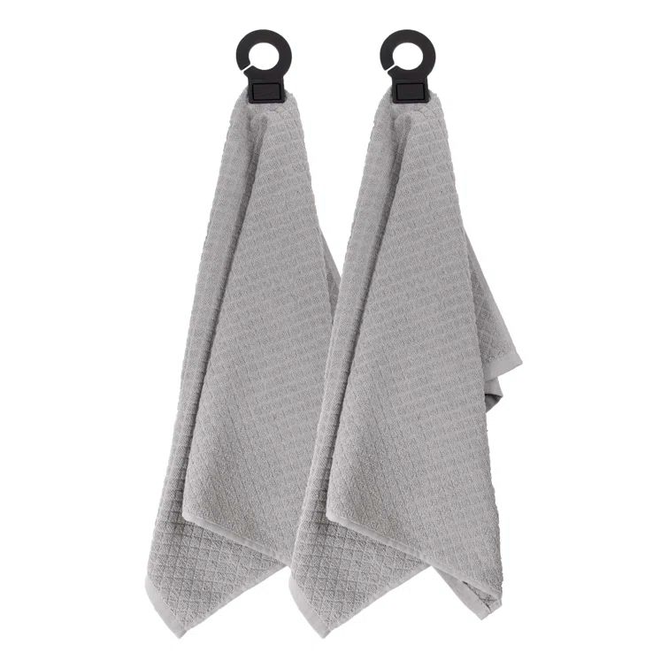 Titanium Gray Cotton Terry Kitchen Towel Set with Rubber Hook