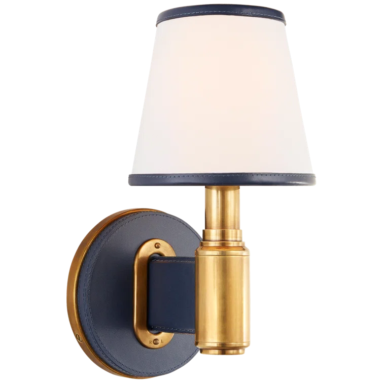 Natural Brass and Navy Leather Wall Sconce with Linen Shade