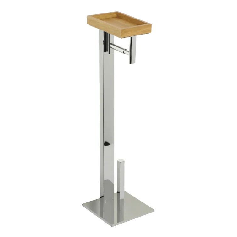 Polished Chrome Freestanding Toilet Paper Holder with Wooden Storage Shelf