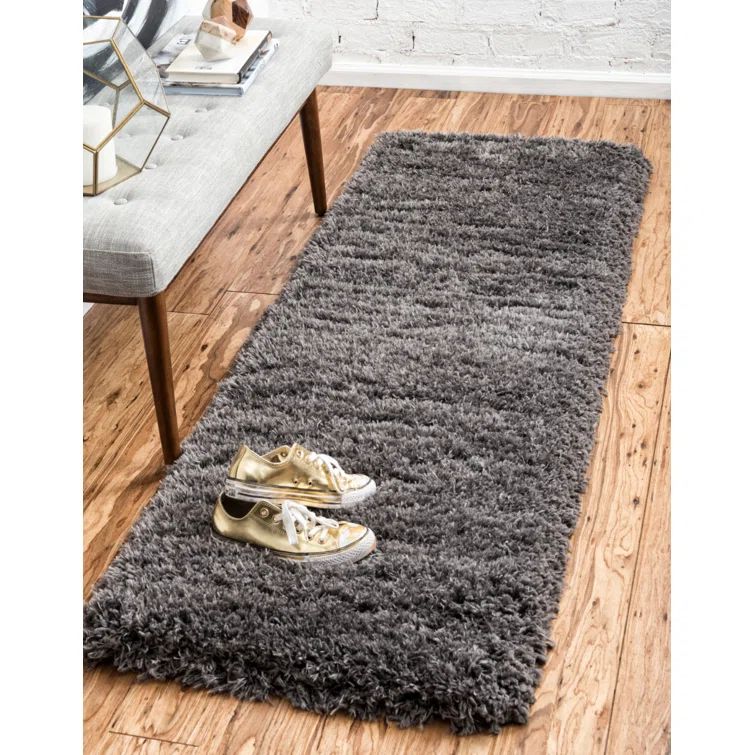 Slate Gray Shag Synthetic Runner Rug with Braided Fringe