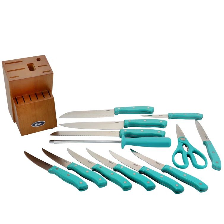 Evansville 14-Piece Stainless Steel Cutlery Set with Turquoise Handles and Wood Block