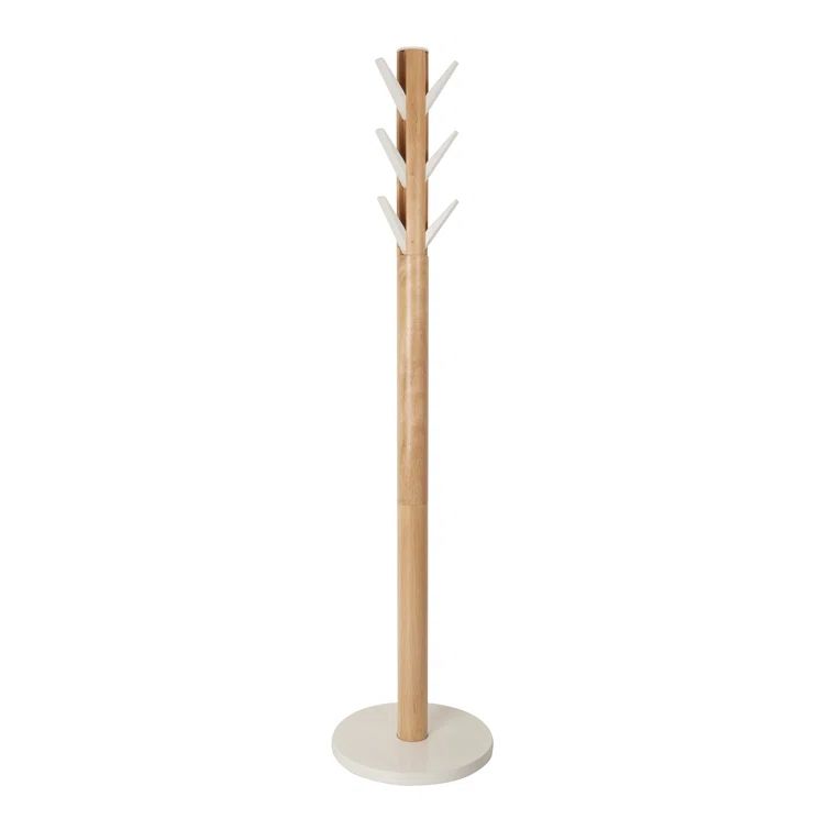 Sleek Modern White/Natural Rubberwood 9-Hook Coat Stand
