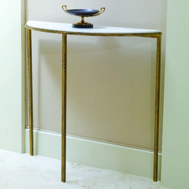 Hammered Gold Demilune Console with White Marble Top