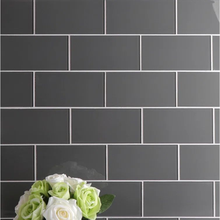 Premium Dark Gray Polished Glass Subway Wall Tile 3" x 6"