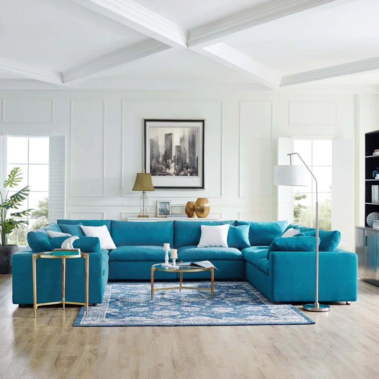 Teal Linen Fabric Eight-Piece Sectional Sofa with Down Fill Cushions