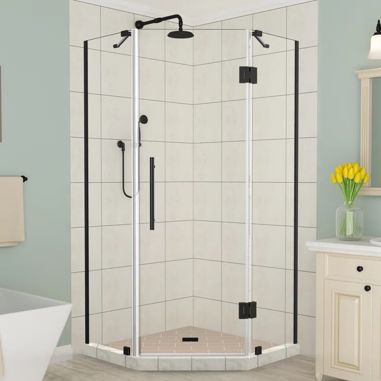 Merrick Frameless Matte Black Neo-Angle Hinged Shower Enclosure
