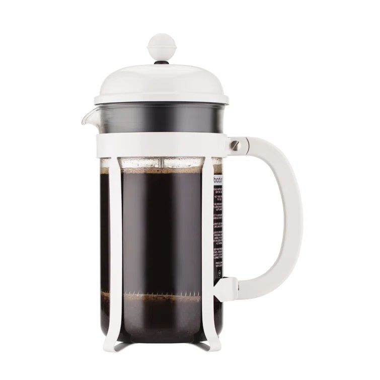 White 34 oz Borosilicate Glass French Press Coffee Maker