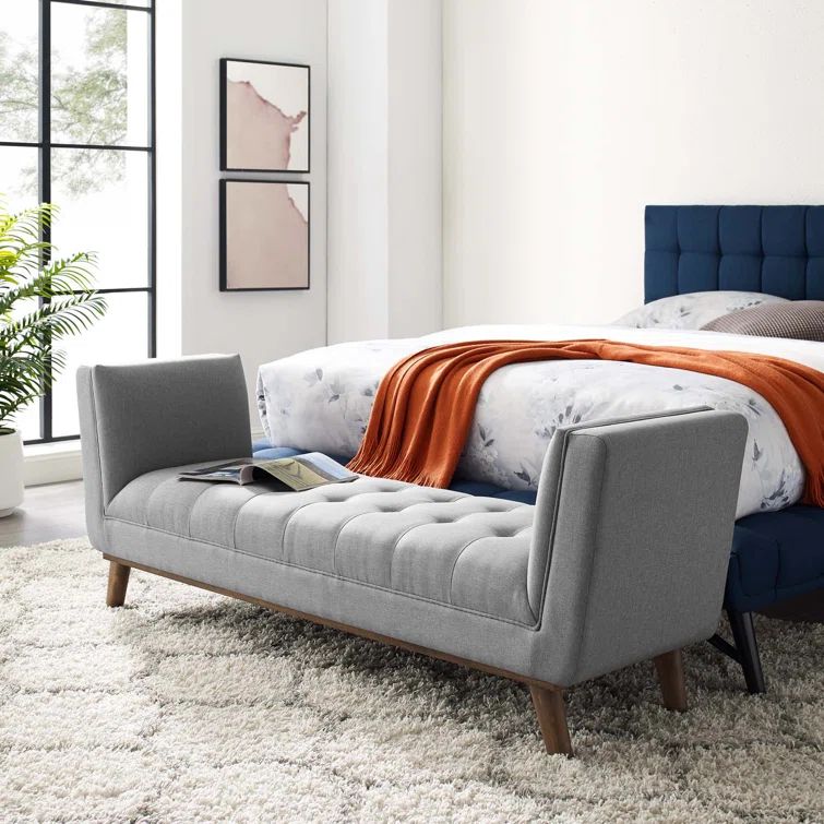 Haven Light Gray Tufted Fabric Mid-Century Accent Bench
