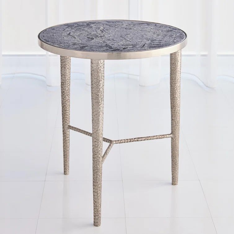 22" Round Antique Nickel and Grey Marble End Table