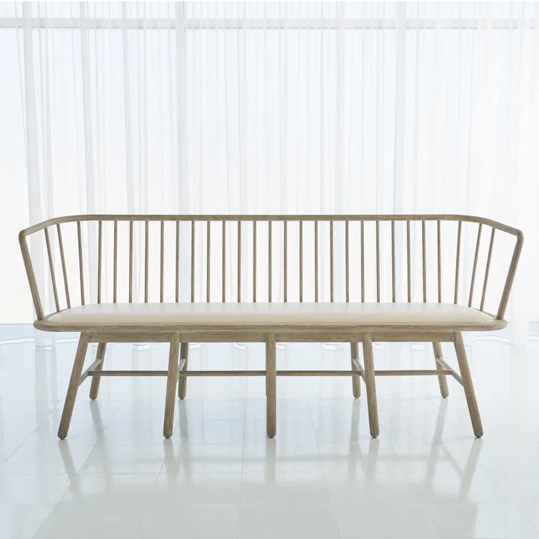 Beige Genuine Leather Beechwood Spindle Long Bench