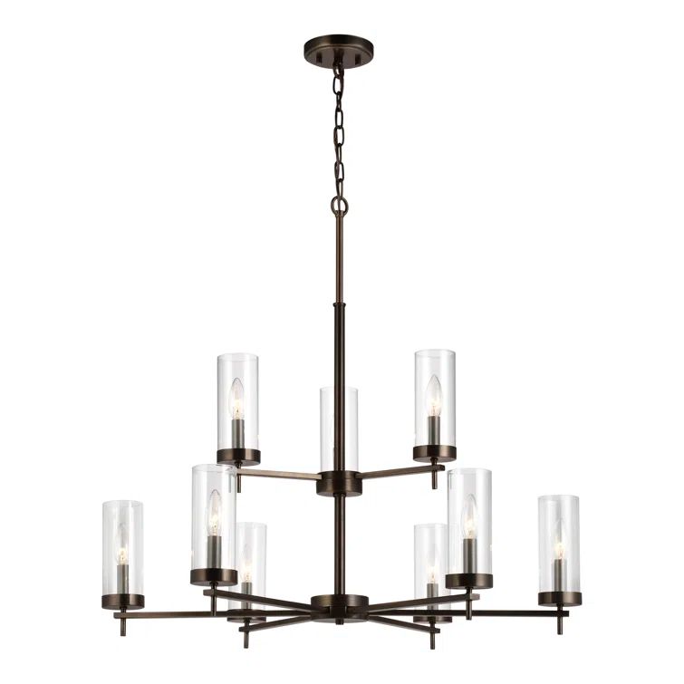 Elegant Minimalist 9-Light Brushed Bronze Chandelier with Clear Glass Shades