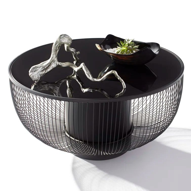 Round Black Metal and Glass Outdoor Coffee Table with Storage