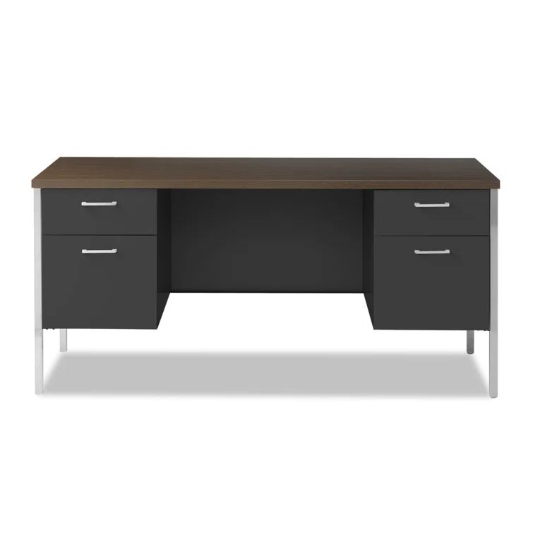 Executive Walnut/Black Wood Desk with Drawer and Filing Cabinet