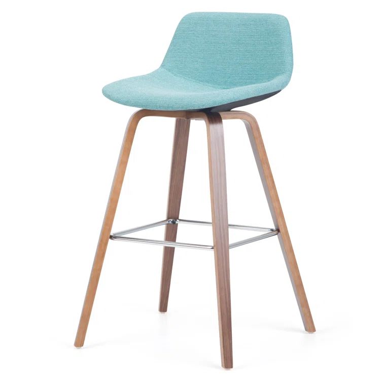 Aqua Blue Linen Bentwood Counter Height Stools with Chrome Footrest, Set of 2