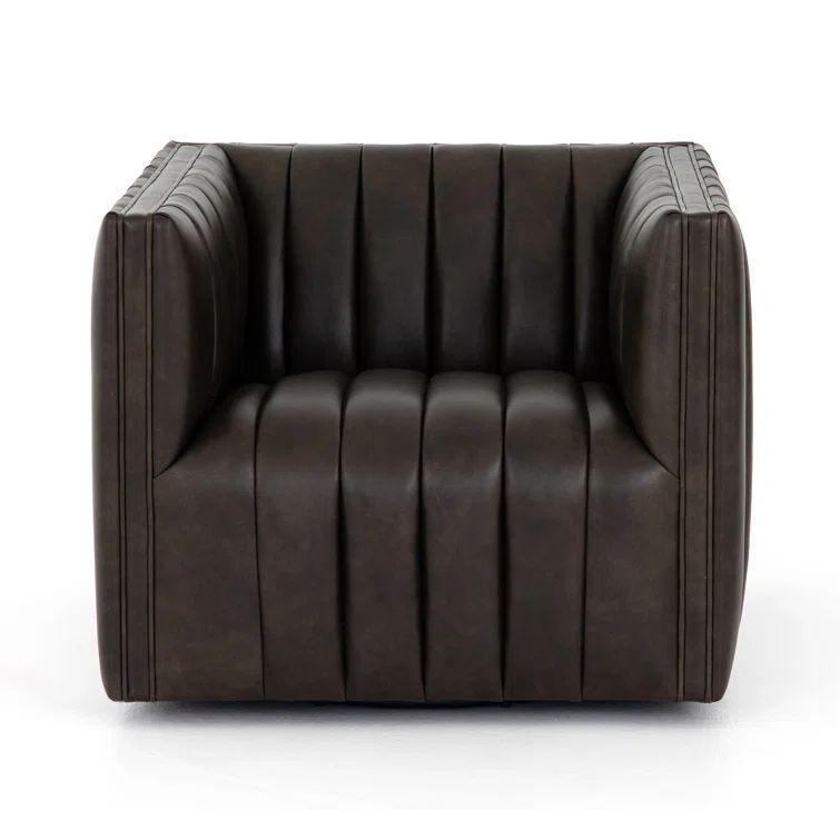 Deacon Wolf Genuine Leather 32" Modern Swivel Chair in Black