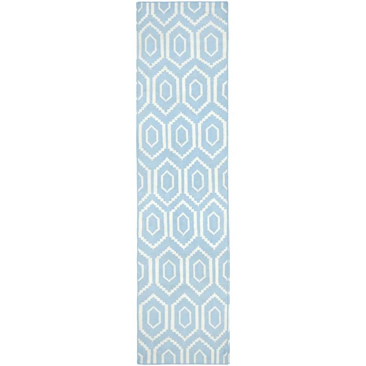 Blue and Ivory Geometric Wool Runner Rug, 2'6" x 8'