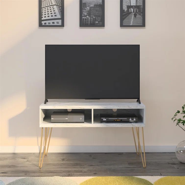 Athena 42'' White Faux Marble TV Stand with Gold Legs