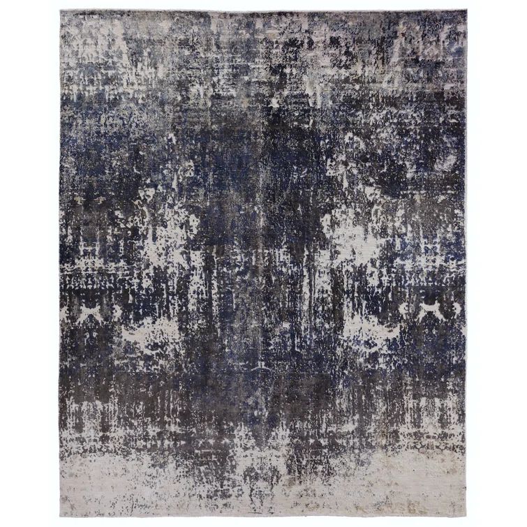 Reflections Abstract Blue & Ivory Hand-Loomed 10' x 14' Viscose Rug