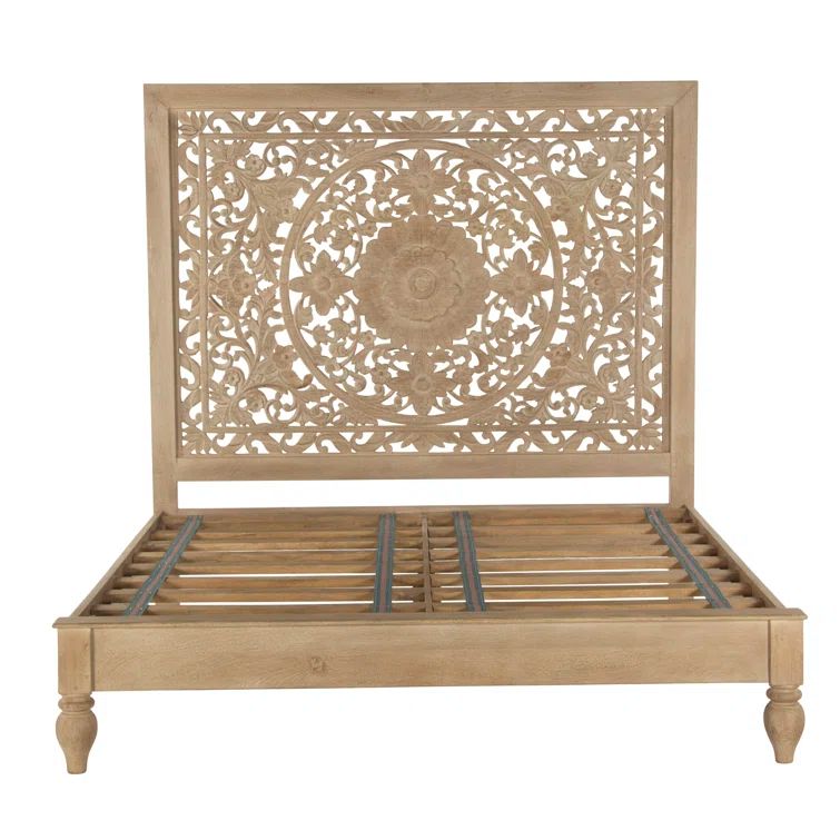 Elegant Floral Carved King Platform Bed in Light Brown