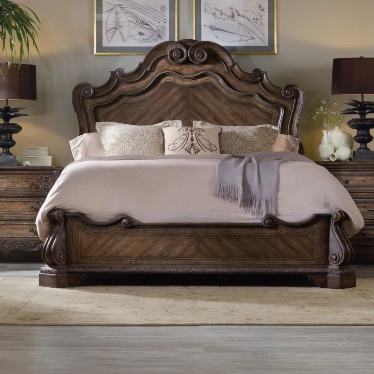 King Brown Wood Traditional Panel Bed with Drawers