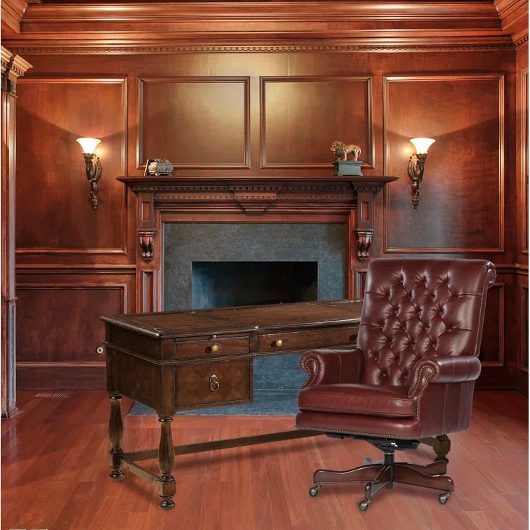 Traditional Brown Leather Swivel Executive Chair with Wood Accents