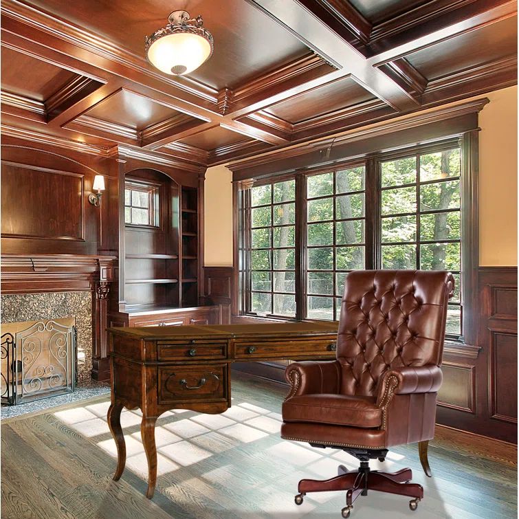 Traditional Brown Leather Swivel Executive Chair with Wood Accents