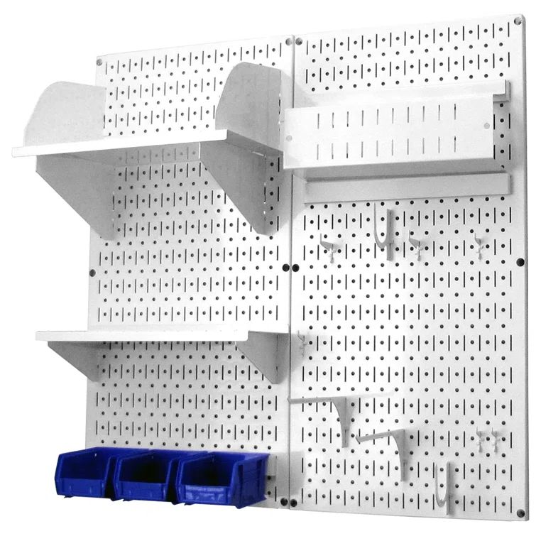 White Metal Pegboard Organizer Storage Kit with Shelves and Bins